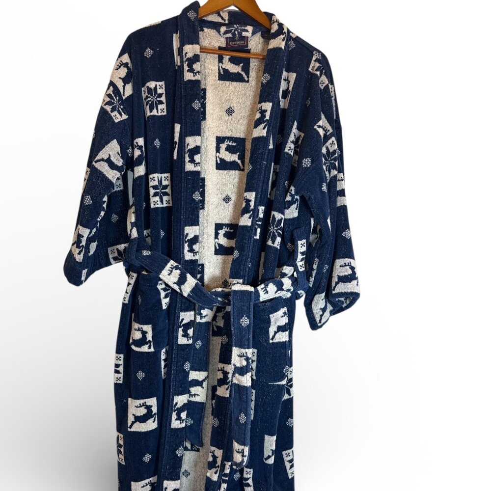 VTG BARRINGTON Terrycloth ROBE ONE SIZE Deer Snow Winter Cotton Made In Turkey‎